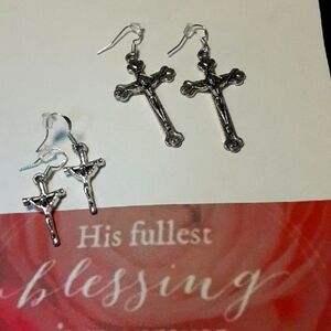 Silver Cross Dangle Earrings Set. 2 Pairs